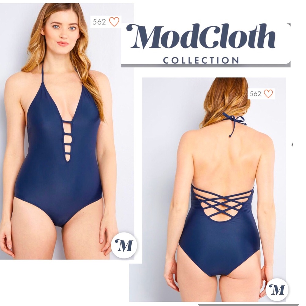 Solid Navy One-Piece Swimsuit Plunge Back
